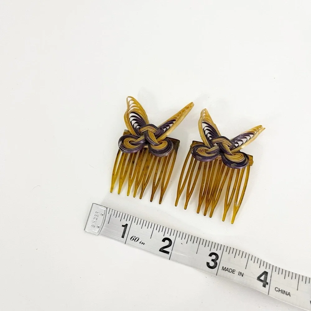 Vintage 80s Wooden Butterfly Comb Clips Set of 2 Plastic Nostalgia Casual Cutie